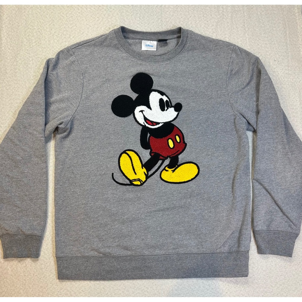 Disney Mickey Mouse Chenille Patch Grey Crewneck Sweatshirt Large MDGRYHTR